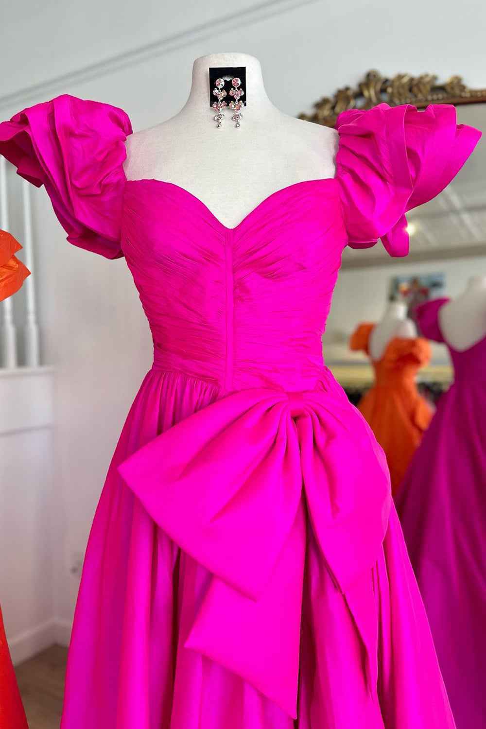 Chic Fuchsia Puff Sleeves A-Line Ruched Long Prom Dress with Bow
