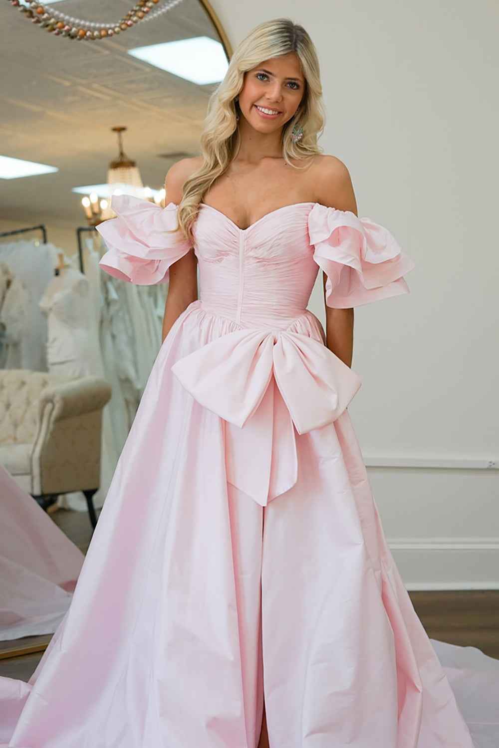 Chic Fuchsia Puff Sleeves A-Line Ruched Long Prom Dress with Bow