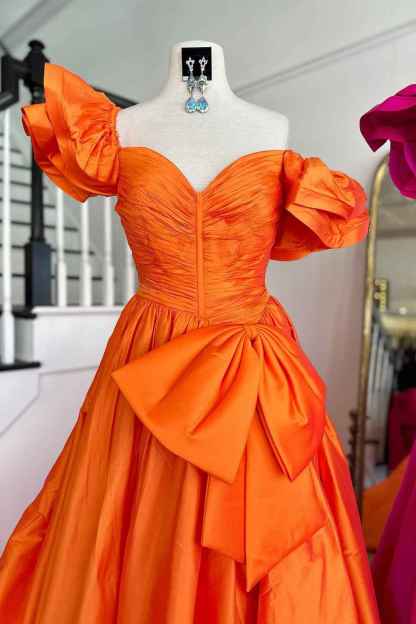 Chic Fuchsia Puff Sleeves A-Line Ruched Long Prom Dress with Bow