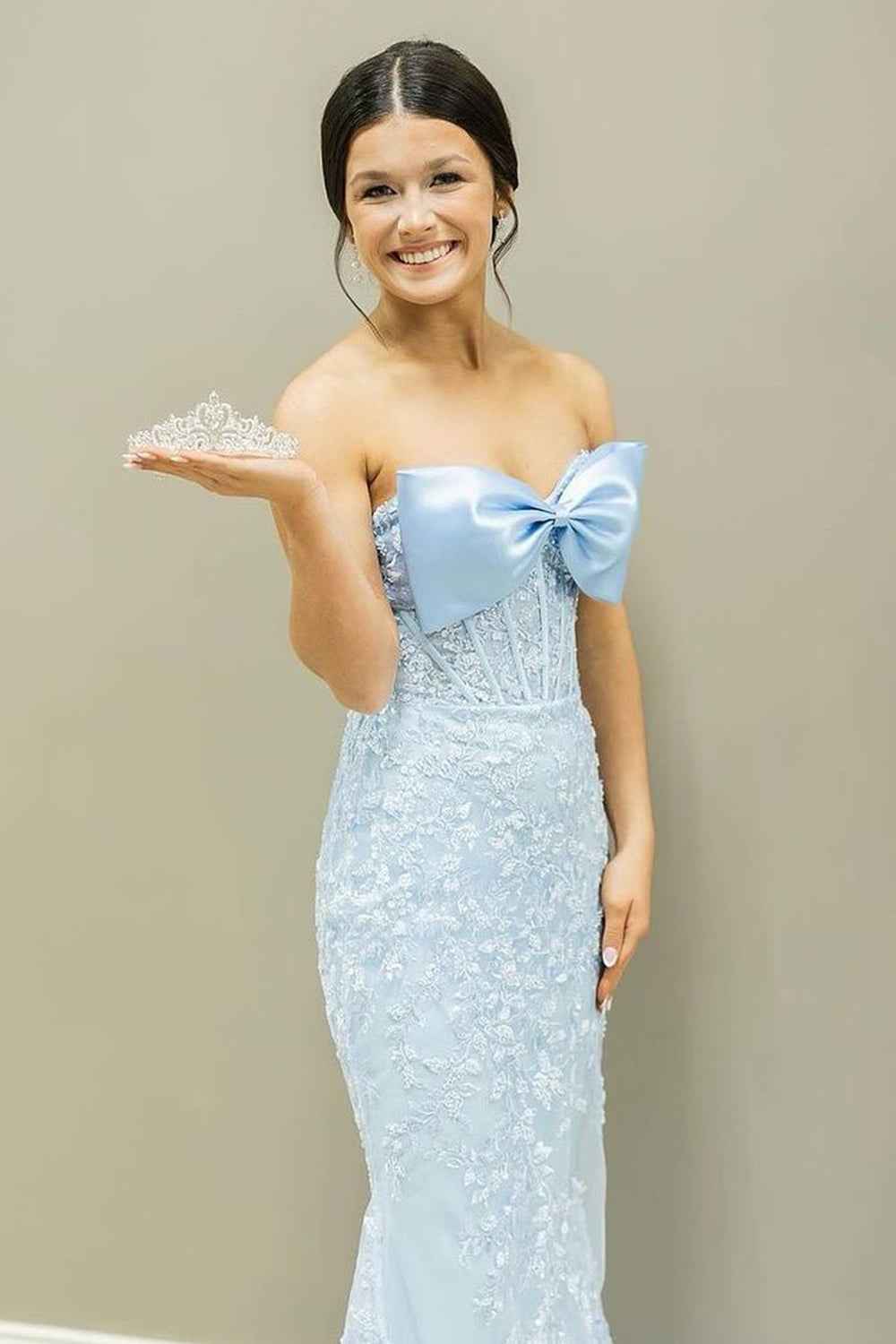 Sky Blue Strapless Mermaid Long Corset Prom Dress with Appliques