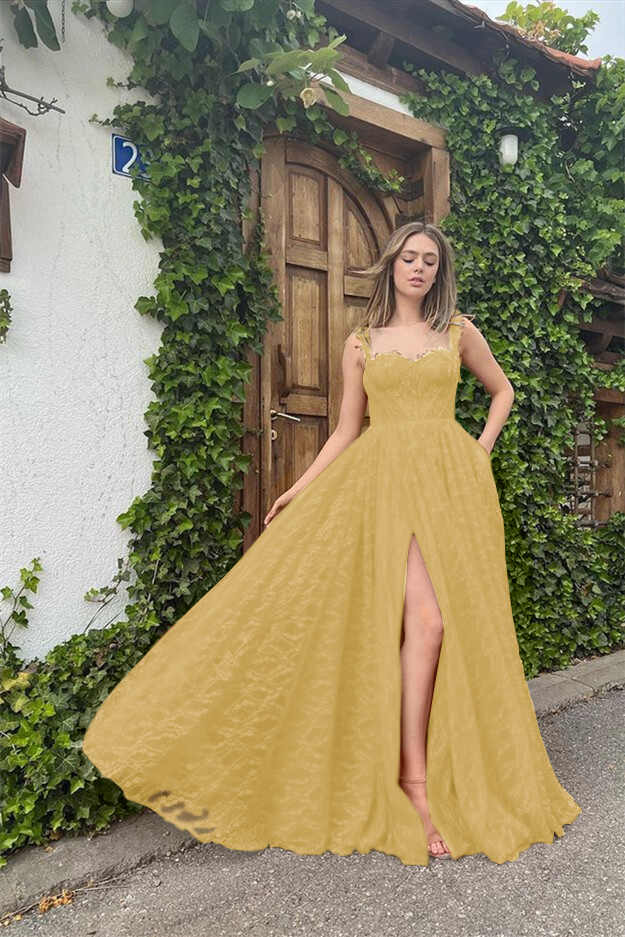 Straps Sleeveless Sweetheart Long Prom Dress With High Split