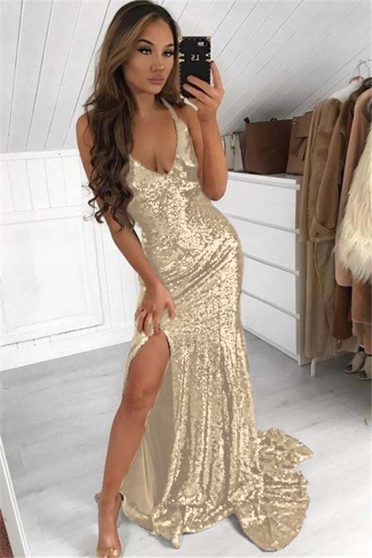 Dark Navy Halter Sleeveless Split Long Sequins Prom Dress Modern V Neck