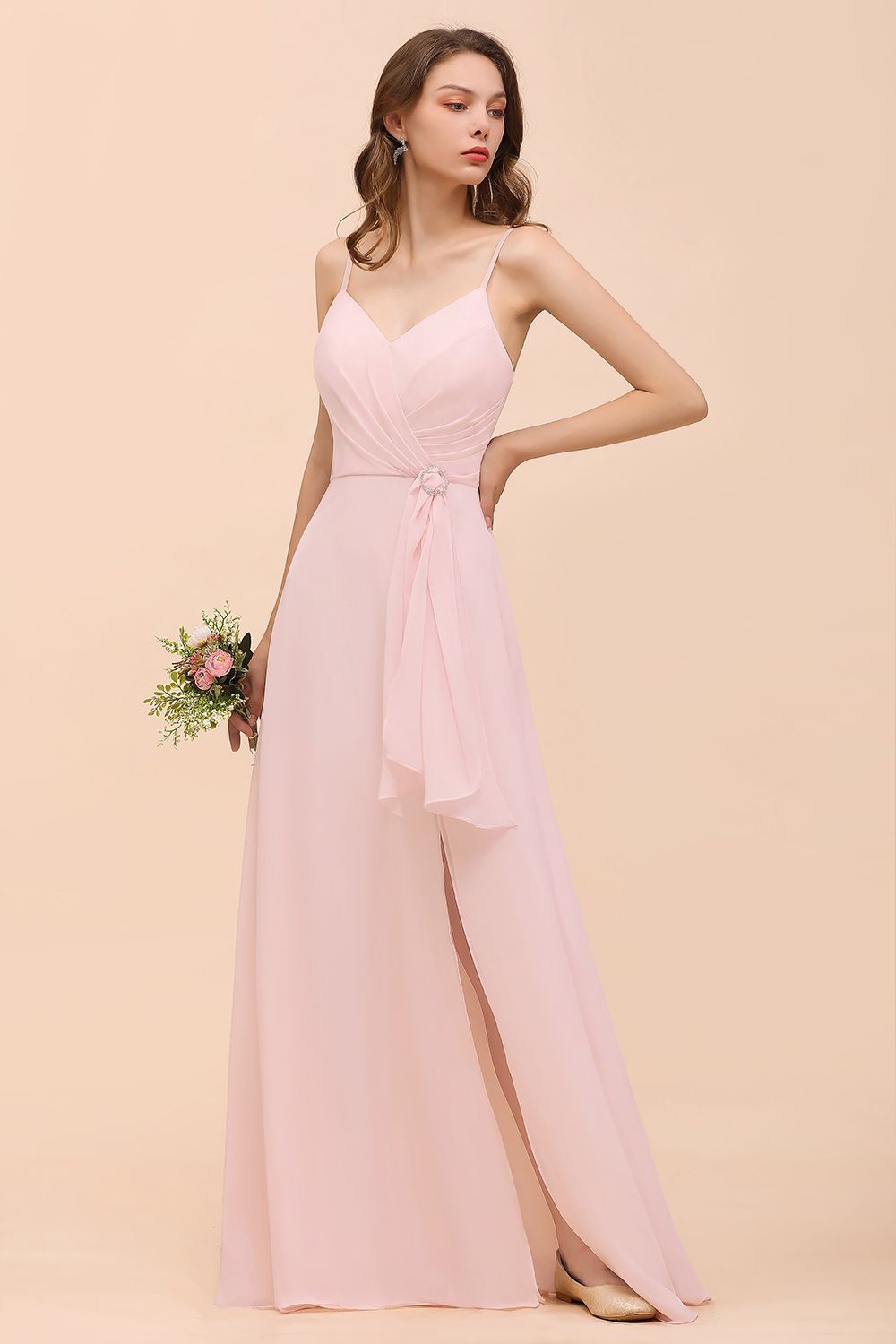 BMbridal Affordable Blushing Pink Spaghetti Straps Ruffle Bridesmaid Dress-BMbridal