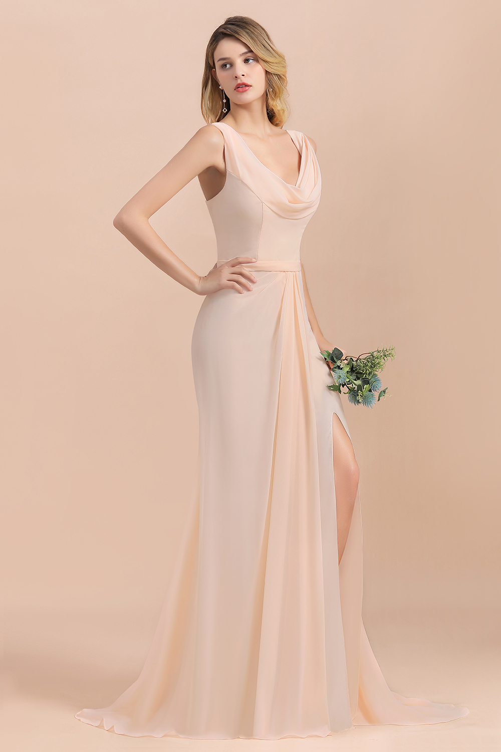 BMbridal Gorgeous Drapped Neckline Ruffle Chiffon Bridesmaid Dresses Online with Slit-BMbridal
