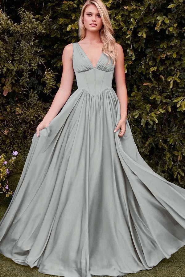 Straps V Neck Sleeveless Long A Line Prom Dress With Pleated