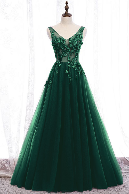 Glamorous Purple V Neck Sleeveless Long A Line Prom Dress With Appliques