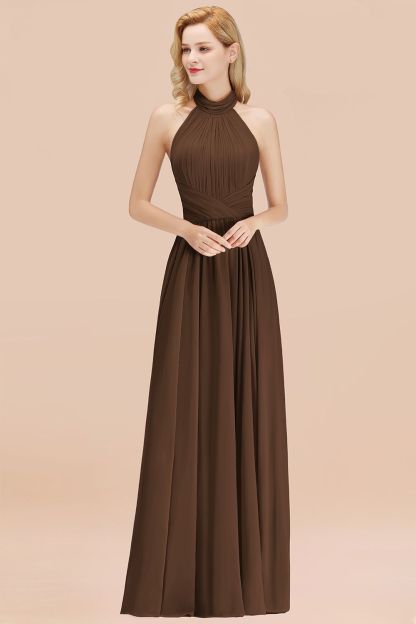 BMbridal Gorgeous High-Neck Halter Backless Bridesmaid Dress Dusty Rose Chiffon Maid of Honor Dress-BMbridal