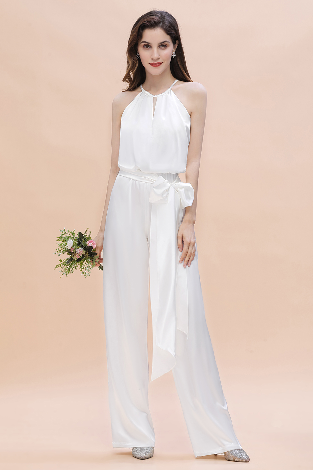 BMbridal Affordable Halter Sleeveless Ivory Charmeuse Bridesmaid Jumpsuit Online-BMbridal