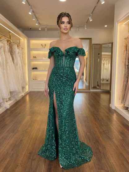 Emerald Off The Shoulder Sequin Mermaid Long Prom Dress with Slit