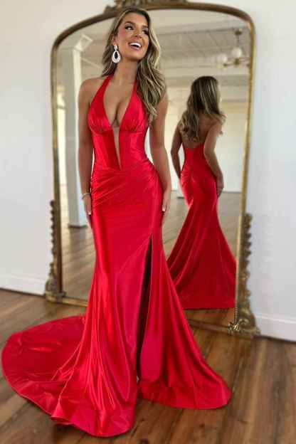 Navy Halter Neck Satin Mermaid Long Corset Prom Dress with Slit