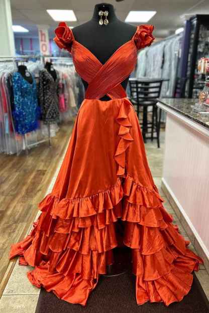 Red V-Neck A-Line Satin Tiered Long Prom Dress with Ruffles