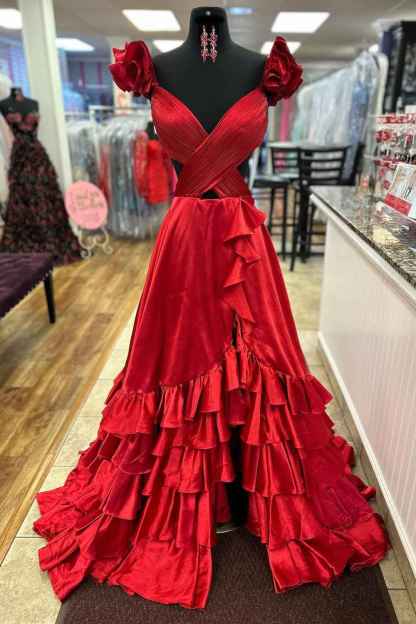 Red V-Neck A-Line Satin Tiered Long Prom Dress with Ruffles