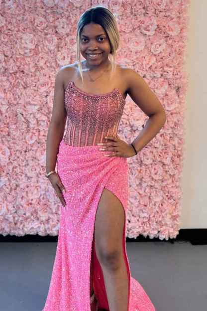 Sparkly Champagne Strapless Sequins Bodycon Long Corset Prom Dress with Beading