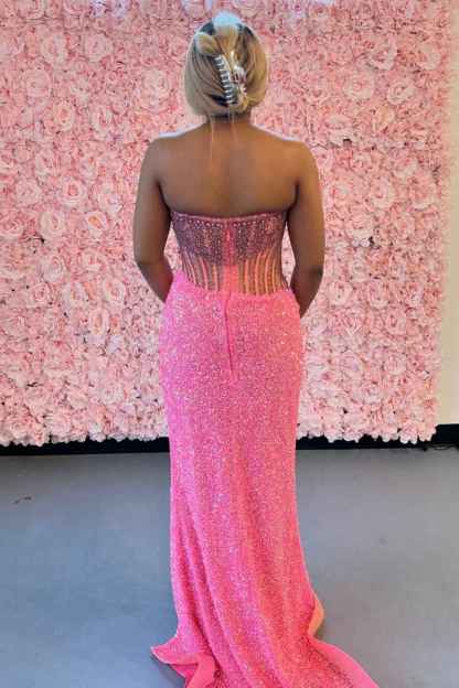 Sparkly Champagne Strapless Sequins Bodycon Long Corset Prom Dress with Beading