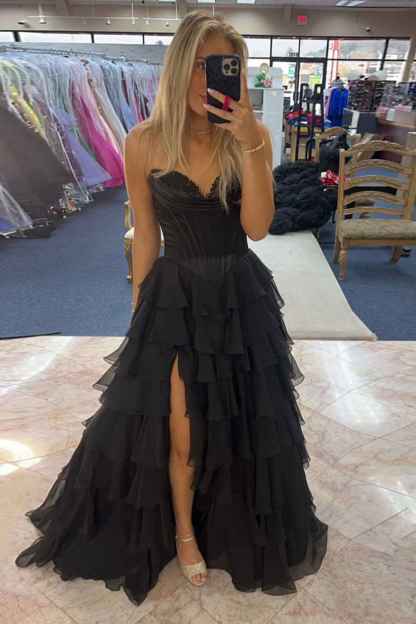 Blue Sweetheart Ruffled Long Corset Prom Dress with Slit
