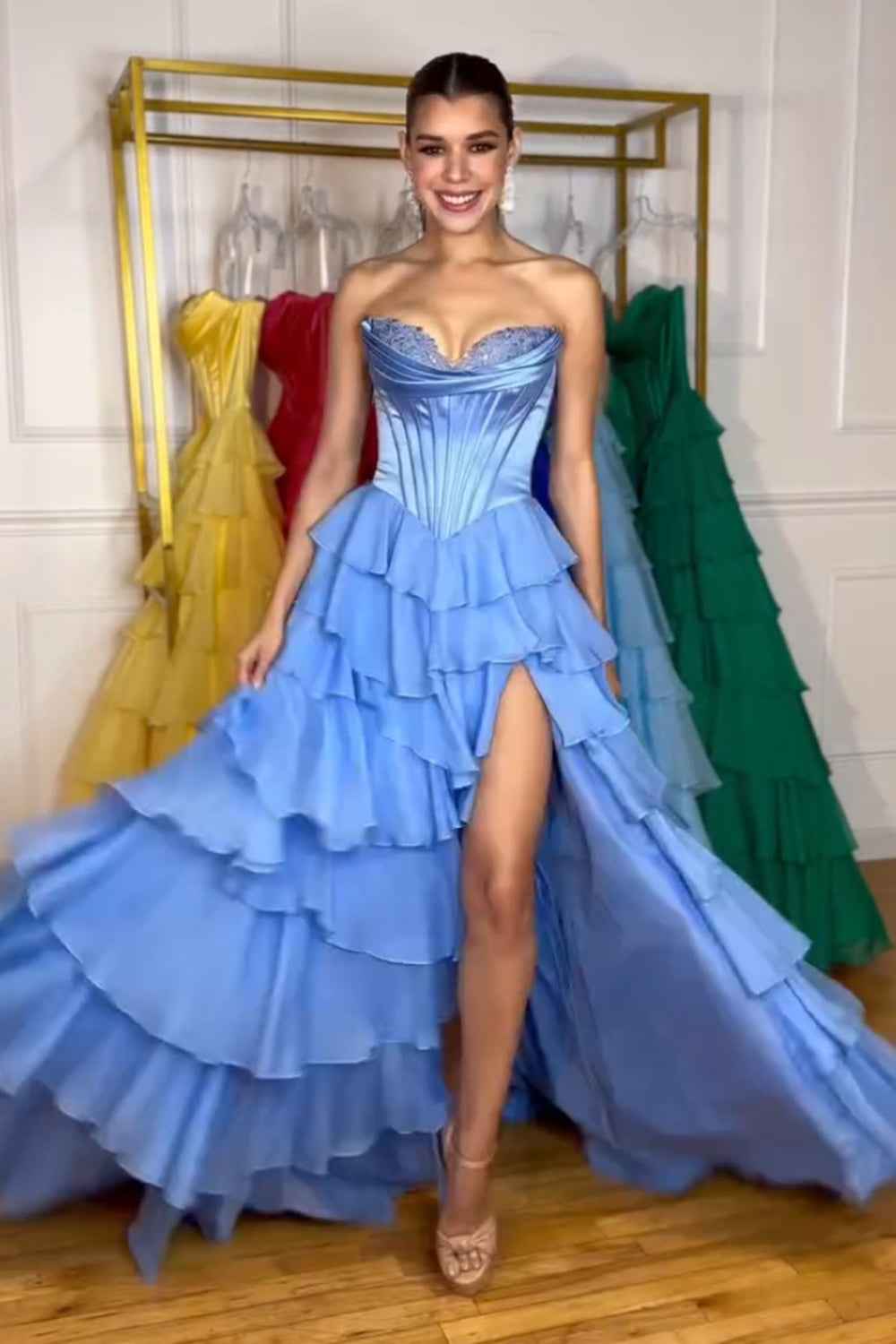 Yellow Princess Sweetheart Chiffon Ruffled Long Corset Prom Dress with Slit