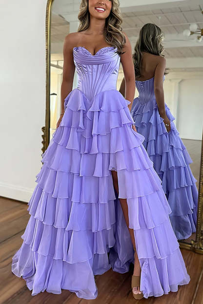 Blue Sweetheart Ruffled Long Corset Prom Dress with Slit