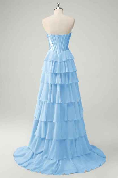 Blue Sweetheart Ruffled Long Corset Prom Dress with Slit