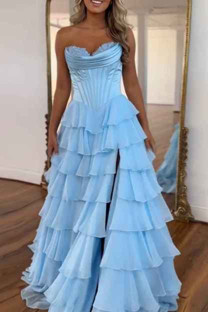 Blue Sweetheart Ruffled Long Corset Prom Dress with Slit
