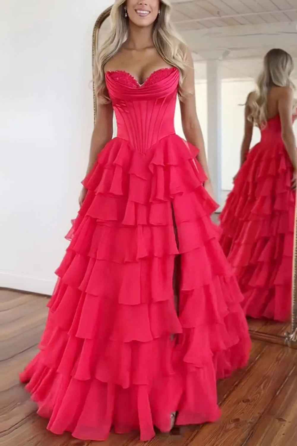 Blue Sweetheart Ruffled Long Corset Prom Dress with Slit