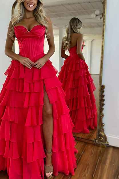 Blue Sweetheart Ruffled Long Corset Prom Dress with Slit