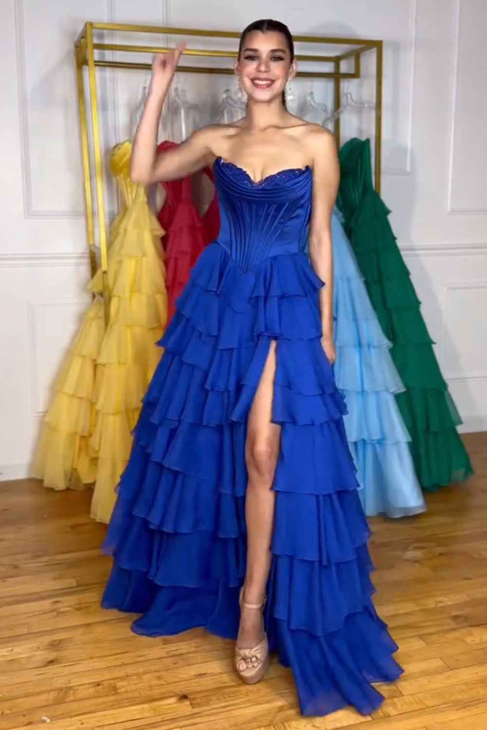 Blue Sweetheart Ruffled Long Corset Prom Dress with Slit