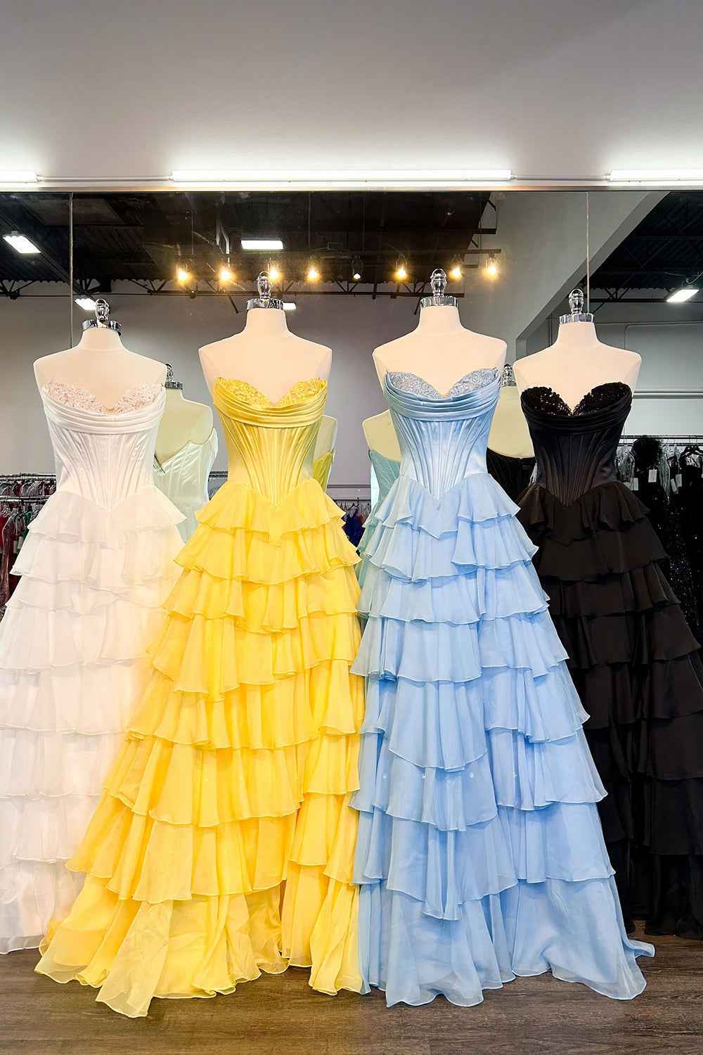 Yellow Princess Sweetheart Chiffon Ruffled Long Corset Prom Dress with Slit