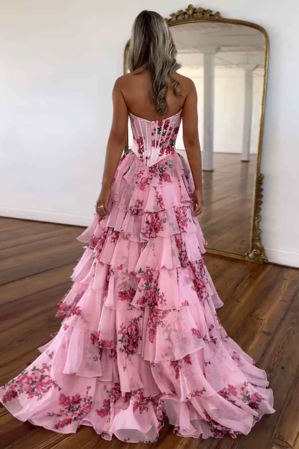 Blush Sweetheart A-Line Chiffon Floral Ruffled Long Corset Prom Dress with Slit