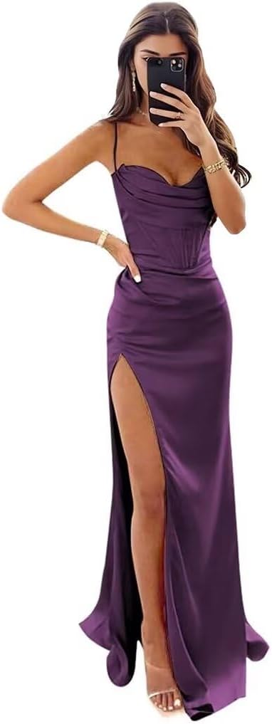Satin Prom Dresses for Women Long 2025 Spaghetti Straps Mermaid Formal Evening Party Gown with Slit-BMbridal.UK