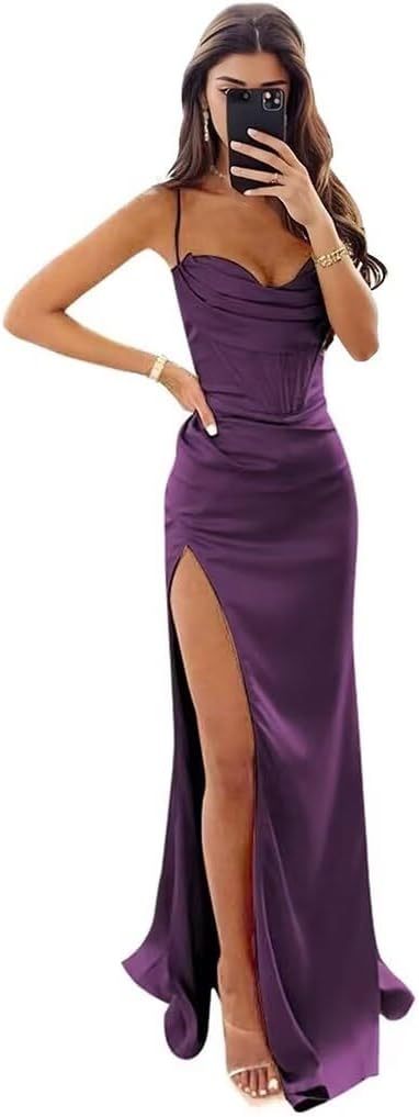 Satin Prom Dresses for Women Long 2025 Spaghetti Straps Mermaid Formal Evening Party Gown with Slit-BMbridal.UK