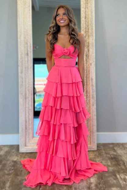 Royal Blue Sweetheart Chiffon A-Line Tiered Long Prom Dress with Slit