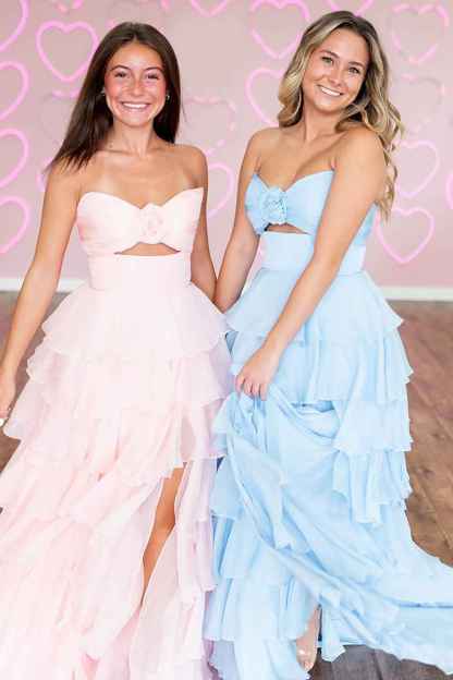 Royal Blue Sweetheart Chiffon A-Line Tiered Long Prom Dress with Slit
