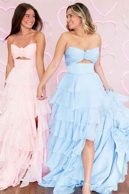 Royal Blue Sweetheart Chiffon A-Line Tiered Long Prom Dress with Slit
