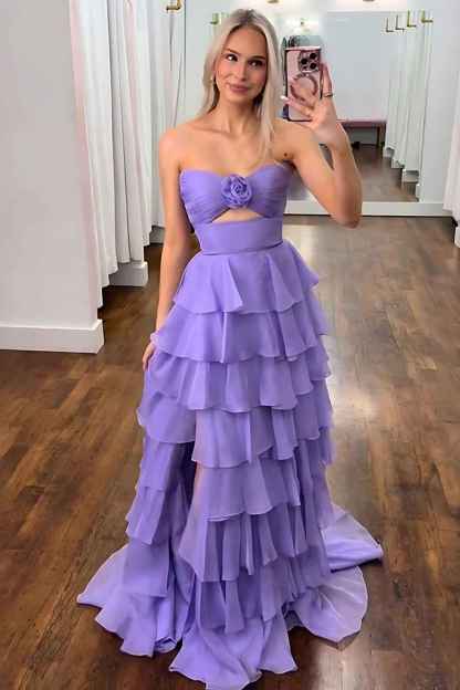 Royal Blue Sweetheart Chiffon A-Line Tiered Long Prom Dress with Slit