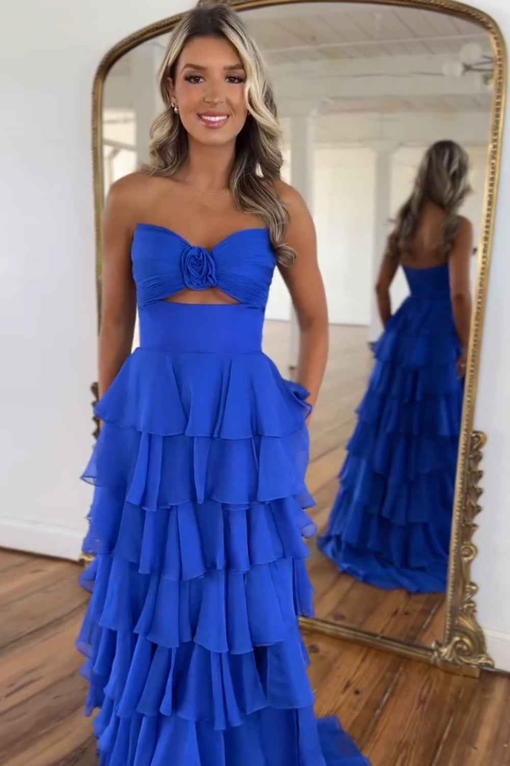 Royal Blue Sweetheart Chiffon A-Line Tiered Long Prom Dress with Slit