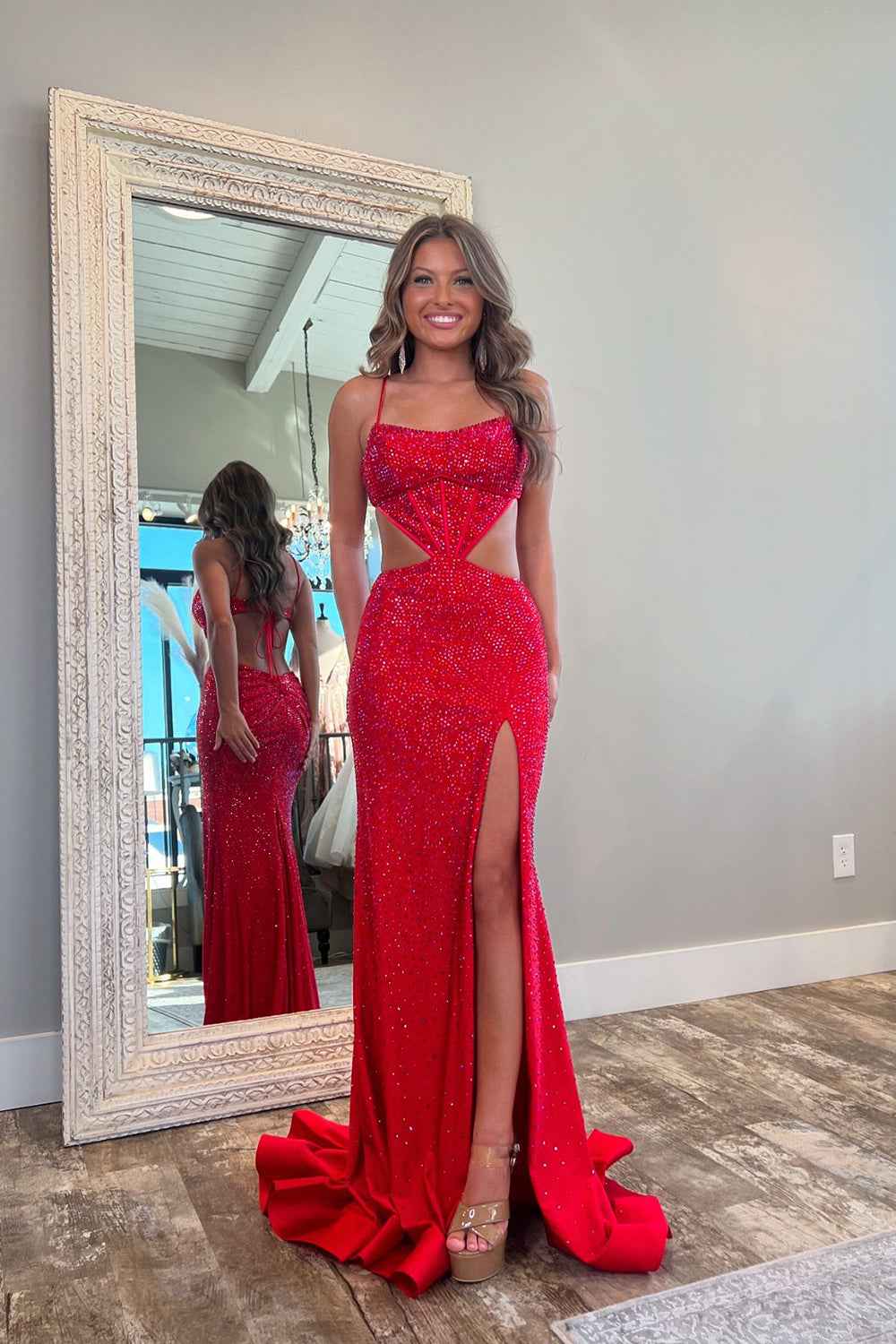 Sparkly Red Spaghetti Straps Cut-out Mermaid Long Prom Dress with Beading