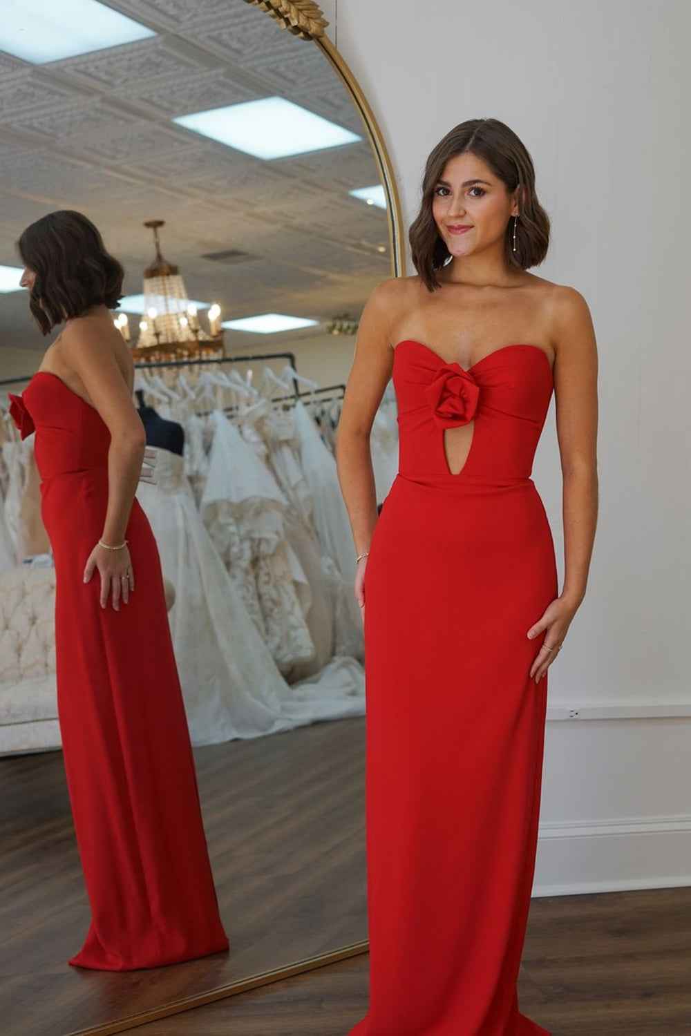 Simple Red Sweetheart Mermaid Satin Long Prom Dress with 3D Flower