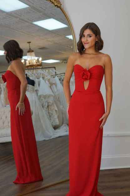 Simple Red Sweetheart Mermaid Satin Long Prom Dress with 3D Flower
