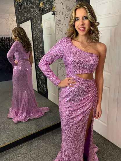 Sparkly Purple One Shoulder Cut Out Long Prom Dress with Slit