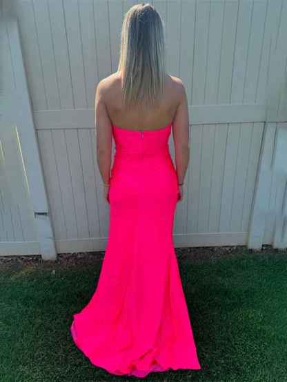 Hot Pink Mermaid Sweetheart Strapless Long Prom Dress with Slit