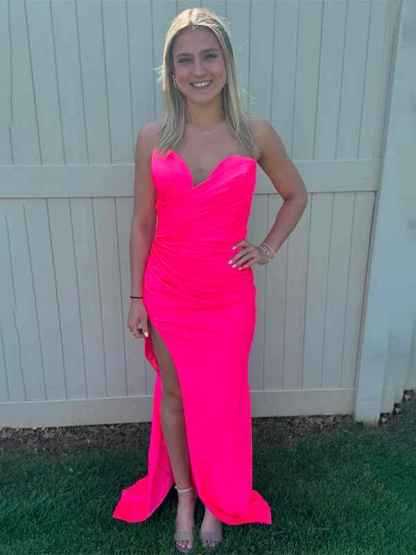 Hot Pink Mermaid Sweetheart Strapless Long Prom Dress with Slit