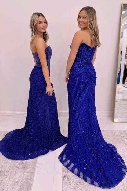 Sparkly Blue Sweetheart Sequins Bodycon Long Corset Prom Dress with Beading