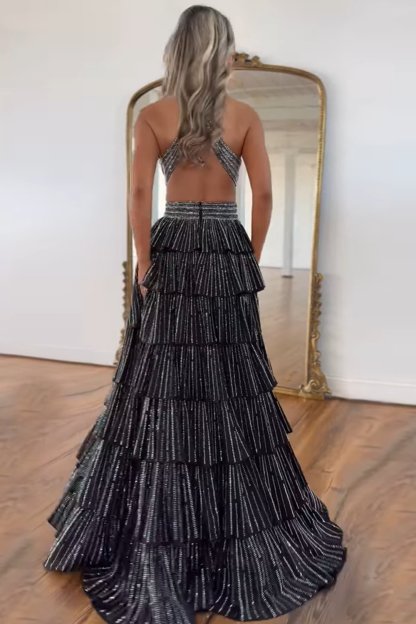 Sparkly Grey A Line Tiered Corset Long Beaded Prom Dress with Slit