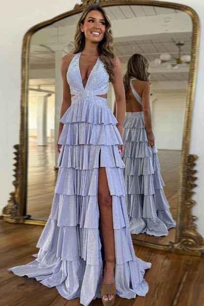 Sparkly Grey A Line Tiered Corset Long Beaded Prom Dress with Slit