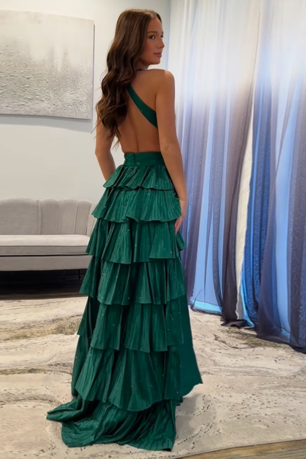 Sparkly Emerald Green Corset A Line Tiered Beaded Prom Dress with Slit