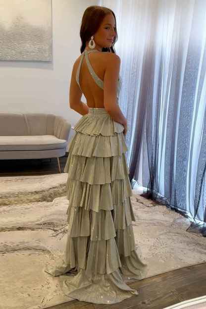 Sparkly Grey A Line Tiered Corset Long Beaded Prom Dress with Slit