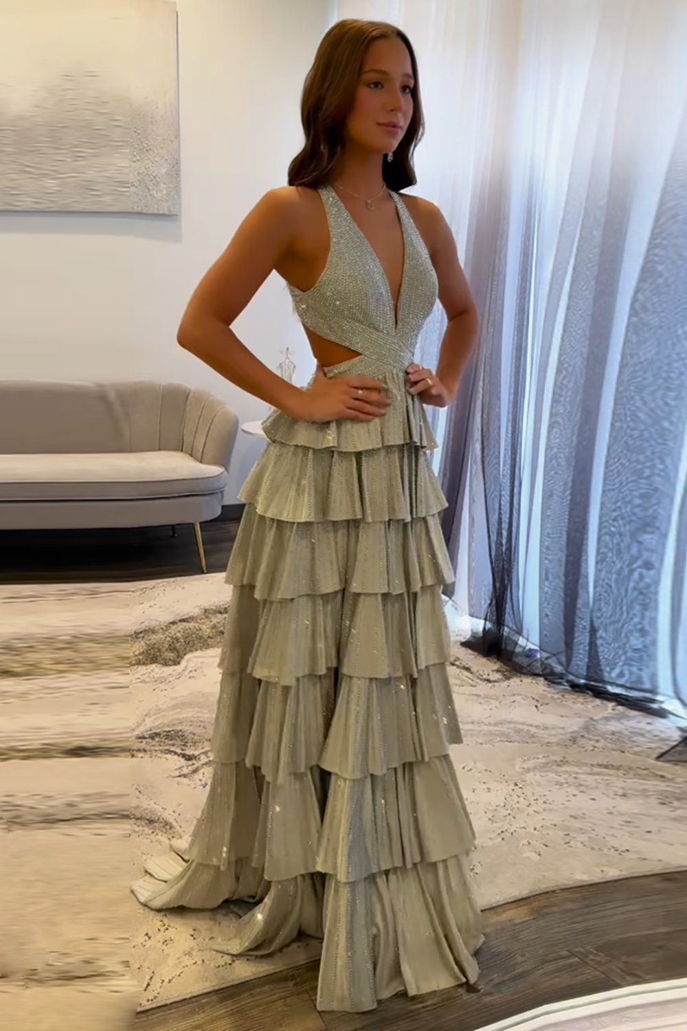 Sparkly Grey A Line Tiered Corset Long Beaded Prom Dress with Slit