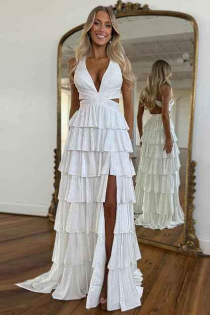 Sparkly Grey A Line Tiered Corset Long Beaded Prom Dress with Slit