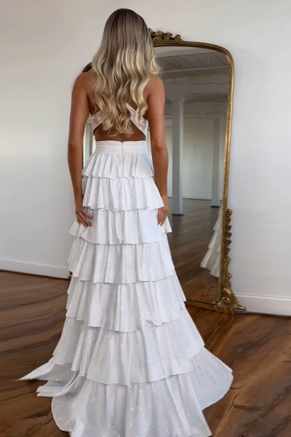 Sparkly Grey A Line Tiered Corset Long Beaded Prom Dress with Slit