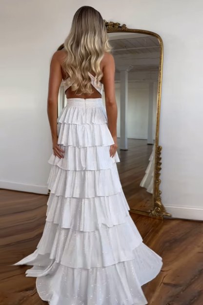 Sparkly Grey A Line Tiered Corset Long Beaded Prom Dress with Slit